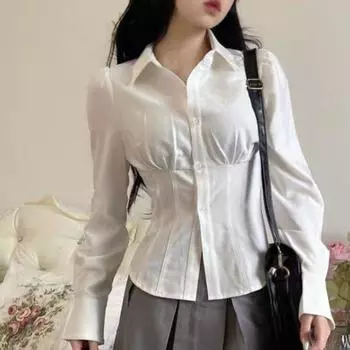Harajuku Chic Sexy White Women Shirts Korean Fashion Folds Slim Fit Long Sleeve Tops New Design Casual Elegant Female All Match Clothes S белый