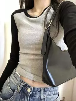 Harajuku Chic Vintage Streetwear Тонкие футболки Женские новые с круглым вырезом Простой дизайн Тонкие топы Fit Нижний короткий топ Fashion Sense New S серый