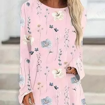 Harajuku Цветочный 3D-принт Футболки с длинным рукавом Женская мода Футболка Женские топы Футболки Длинные топы Женская футболка Туника Женская одежда S