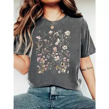 Harajuku Цветы и растения Винтажная женская футболка с коротким рукавом и круглым вырезом Летняя футболка Топы для женщин Одежда S