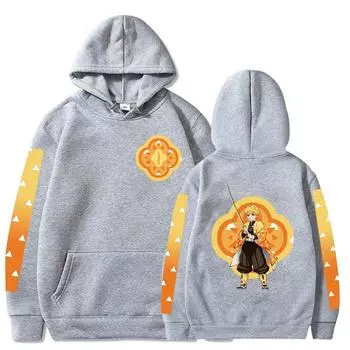 Harajuku Demon Slayer Anime Hoodie Pullovers Women Long Sleeve Kawaii Agatsuma Zenitsu Yellow Graphic Unisex Swetshirts Clothes XS чёрный