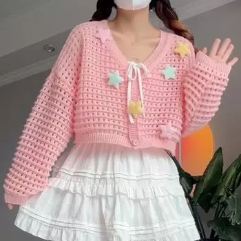 Harajuku длинный рукав женский кардиган свитер осень повседневный свободный милый укороченный топ для молодой девушки ажурные короткие пальто свитер с V-образным вырезом One Size