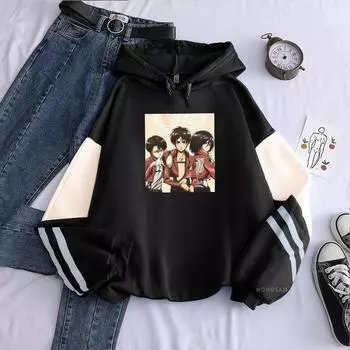 Harajuku Fashion Japan Anime Attack On Titan Patchwork Hooded Sweatshirts Male Oversized Hip Hop Streetwear Winter Warm Pullover XS белый