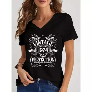 Harajuku Fashion Vintage 1974 Total Perfection Print Black Tshirt Spring Short Sleeves Women Tee Casual Loose Years Style Shirts S