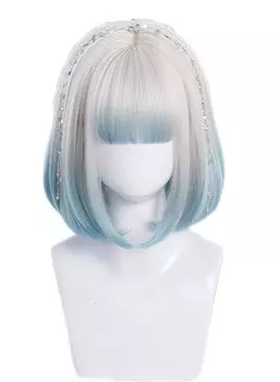 Harajuku GAL Set Bob Lolita Wig Bob One Curl Grey Blue Gradient Lolita Cosplay Mori Girl Dream Cute Net Included Extensions Natural Lightweight Small