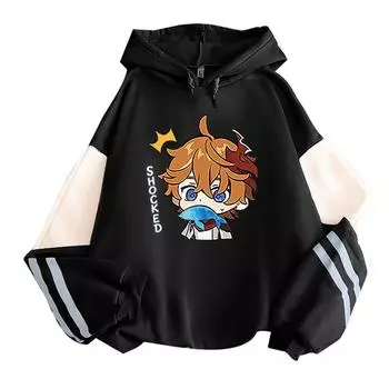 Harajuku Game Genshin Impact Tartaglia Толстовка с принтом для женщин и мужчин Мода Kawaii Boy Head Плакат с длинным рукавом Уличная одежда Мужские толстовки S чёрный