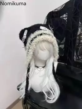 Harajuku Gothic Lolita Вязаная шапка с кошачьими ушками Женская панк-дизайнерская зимняя черная шапка-бини Милая шапка Женские аксессуары Кепка One Size