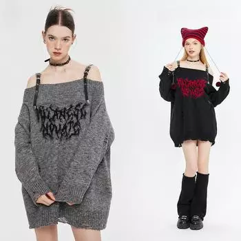Harajuku Gothic Sexy Открытые плечи Вязаные джемперы Жаккардовый свитер Модный трикотаж Y2k Эстетика Slash Neck пуловер S чёрный