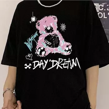 Harajuku Готическая женская футболка Kawaii DAT DREAM Аниме футболка в стиле хип-хоп, летний топ с короткими рукавами, свободная спортивная рубашка для бега XS чёрный