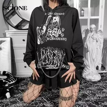 Harajuku готические толстовки для женщин Y2K черный топ темный кролик с принтом граффити и цепочкой свободный свитер с капюшоном блузка средней длины женская S чёрный