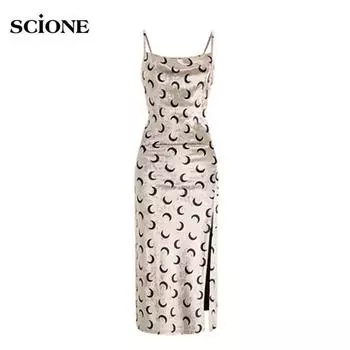 Harajuku Готическое платье с лунным принтом и разрезом на шее, платье с открытой спиной, женское летнее темпераментное тонкое сексуальное модное платье трапециевидной формы S абрикосовый