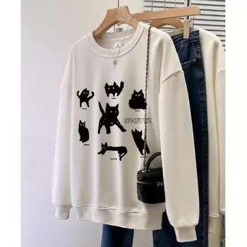 Harajuku Хлопок Женщины Круглый вырез тонкие толстовки Повседневный свободный белый Толстовки Передние плечи осень Новые Универсальные топы с рисунком из мультфильмов M светло-серый