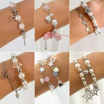 Harajuku Imitation Pearl Y2K Star Pendant Tassel Bracelet Set Magnetic Vintage Aesthetic Charm Heart-shaped Beaded Bracelets for Women Hand Jewelry