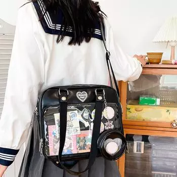 Harajuku Itabag для девочек, прозрачная сумка из искусственной кожи, школьные сумки для студентов, сумка Ita, сумка-тоут JK Uniform, сумка через плечо чёрный