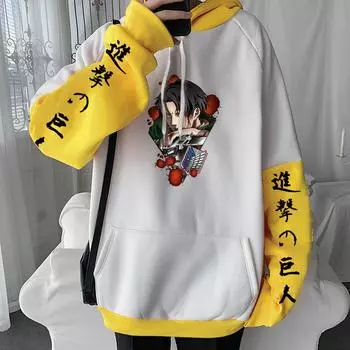 Harajuku Япония Аниме Атака титанов Толстовки Пуловеры Манга Shingeki No Kyojin Ackerman Унисекс Оверсайз Лоскутные Толстовки xs чёрный