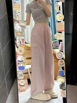 Harajuku Элегантные карманы Спортивные брюки-карго Уличная одежда Женские розовые Ins Tide Joker Свободные повседневные брюки Корейская мода Прямые широкие брюки S чёрный