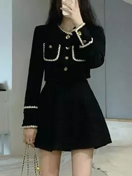 Harajuku Элегантный и шикарный комплект из двух предметов, женский французский винтажный мини-юбочный костюм, женский лоскутный модный дизайн, повседневные комплекты, новинка 2024 года S чёрный