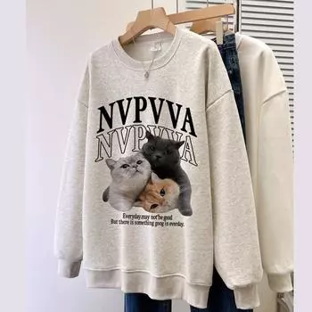 Harajuku Kawaii Animal Print Hoodies Women весна осень Vintage Oversize Круглый вырез тонкие Толстовки для студентов Повседневный Милый Унисекс Топы Y2K streetwear M светло-серый