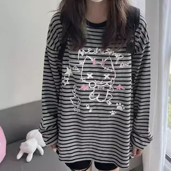 Harajuku Kawaii Cartoon Cat Print Striped Толстовки женские милые графические толстовки с капюшоном в японском стиле Y2k с длинными рукавами S серый