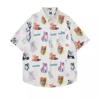 Harajuku Kawaii Cat Print Блузки женские милые графические белые рубашки с короткими рукавами оверсайз повседневный кардиган в пляжном стиле S белый