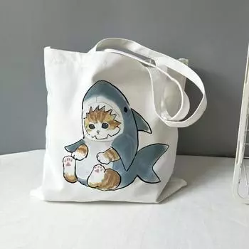 Harajuku Kawaii Cat Shark Y2k сумка на плечо модная повседневная женская парусиновая сумка с героями мультфильмов большая вместительная женская сумка на молнии сумки-шоппер 24*26cm