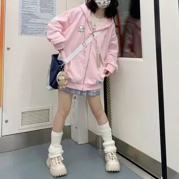 Harajuku Kawaii розовая толстовка на молнии женская милая милая мультяшная бежевая кофта с капюшоном оверсайз корейский флисовый девчачий синий топ S розовый