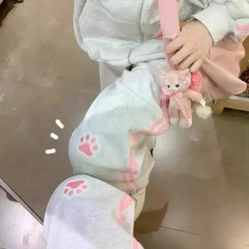 Harajuku Kawaii розовые полосатые спортивные штаны женские в японском стиле милые милые брюки с вышивкой в виде кота мягкие для девочек Y2k S серый
