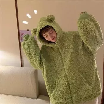 Harajuku Kawaii толстовка на молнии, женская толстовка, японская лягушка, толстые шерстяные пальто большого размера, трендовая теплая зимняя одежда S зелёный