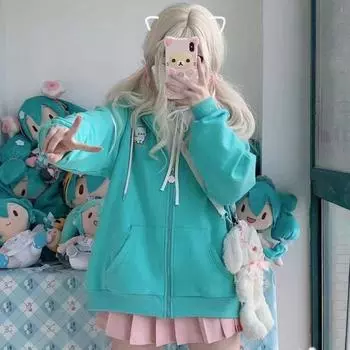 Harajuku Kawaii Y2k Стильные толстовки для женщин японский стиль Sweet Cat Ear на молнии большие толстовки с капюшоном куртка S зелёный