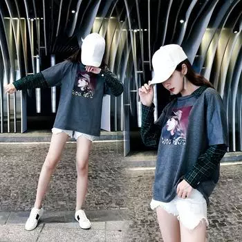 Harajuku клетчатая рубашка с имитацией двухкомпонентного топа, осенняя рубашка с воротником и длинными рукавами, женская свободная студенческая рубашка M