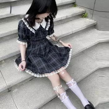 Harajuku клетчатое платье для женщин, летняя корейская уличная одежда, повседневная женская одежда с коротким рукавом, винтажные платья с кукольным воротником, большие платья Egirl, новый хит 2021 года