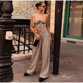 Harajuku летние свободные брюки костюмы винтажные вертикальные полосы высокая талия кружева пэчворк женские брюки Y2k эстетика повседневные брюки комплекты S хаки