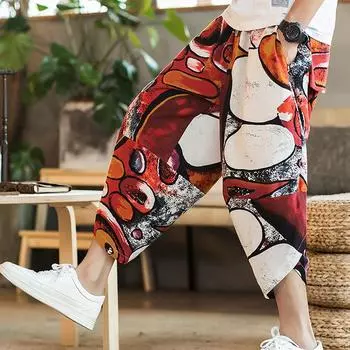 Harajuku летние свободные повседневные брюки длиной до икры, мужские широкие брюки из хлопка и льна с принтом, мешковатые брюки, мужские брюки оверсайз M жёлтый/синий