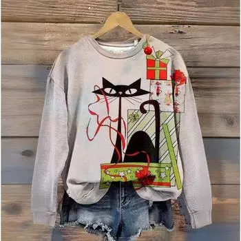 Harajuku Line Cat Женская толстовка с капюшоном Осенняя женская одежда Круглый вырез Длинный рукав Одежда Модные принты Толстовка с капюшоном Повседневные топы большого размера S