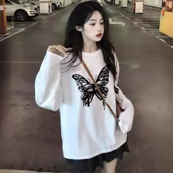 Футболки Harajuku с длинным рукавом и круглым вырезом, весна-осень, с принтом бабочек, женские повседневные футболки больших размеров, топы Y2k, уличная одежда M