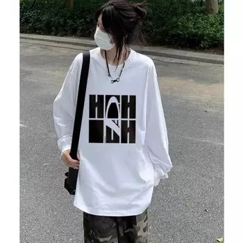 Harajuku Long Sleeve O-Neck T-Shirts 2025 Spring Autumn white letter print Tees Women Casual loose T Shirt Y2k Tops Streetwear M белый