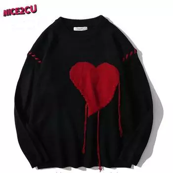 Harajuku Love Pattern Вязаный свитер Винтажный джемпер Готический топ с надписью в стиле панк-рок Повседневный пуловер Осенние пуловеры в стиле хип-хоп M чёрный