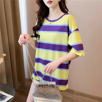 Harajuku милая футболка в радужную полоску женская повседневная свободная футболка с простотой уличная одежда женская графика 2024 летняя женская футболка белые зеленые топы M