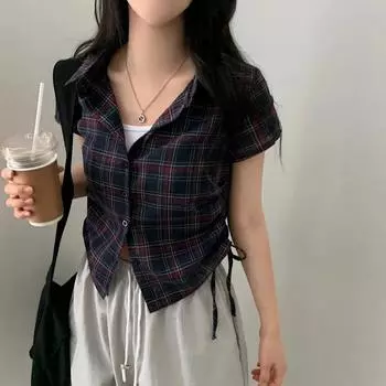 Harajuku мода плиссированная клетчатая рубашка тонкий женский уличный винтажный сборчатый рубашки офисные женские шикарный дизайн повседневные топы 2024 новый S белый
