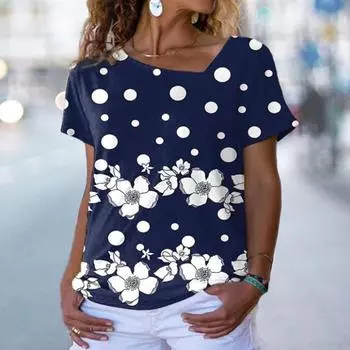 Harajuku модная сексуальная женская футболка с коротким рукавом с косым вырезом и цифровым принтом, летняя уличная удобная женская повседневная футболка XL