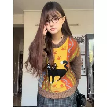 Harajuku Мультфильм свитера Женщины Винтаж Y2k Уличная одежда Вязаный пуловер Гранж Ретро Длинный рукав Эстетика свитера S дубильная кора