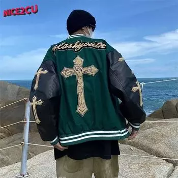 Harajuku Мужская негабаритная бейсбольная куртка с вышивкой букв Американская уличная одежда Повседневная дизайнерская хип-хоп Свободная куртка Топы для подросткового клубного стиля 3XL зелёный
