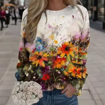 Harajuku Новые 3D-печатные красочные свитшоты с цветами Модные женские уличные свитера Зимние женские цветочные графические топы Одежда S