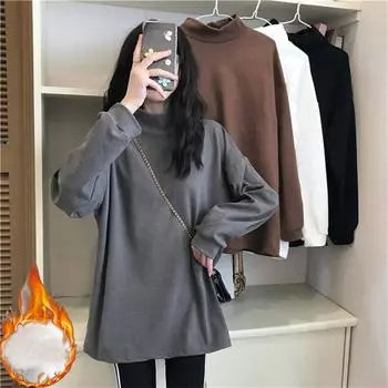 Harajuku однотонная плотная женская футболка с длинным рукавом осень-зима повседневные футболки большого размера теплые бархатные футболки y2k топы уличная одежда M