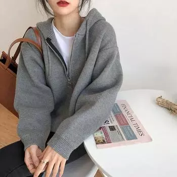 Harajuku однотонный вязаный кардиган женский корейский вариант свитер на молнии с капюшоном ленивый ветер свободные универсальные укороченные топы пальто