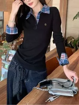Harajuku осень поддельные две части рубашки женские поло воротник элегантные длинные рукава тонкие топы корейский шик клетчатая повседневная футболка зима S чёрный