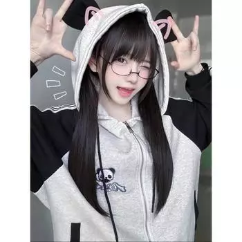 Harajuku пэчворк полосатая толстовка женская японская мода кавайная уличная одежда панда вышивка свободная толстовка мягкая гриль S белый