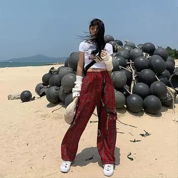 Harajuku панк клетчатые брюки женские брюки-карго с завышенной талией и цепочкой уличная одежда хиппи прямые мешковатые брюки Y2k клубный стиль S красный