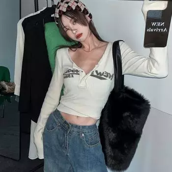 Harajuku Повседневная футболка с тонким низом, женская весна-осень, сексуальные универсальные укороченные топы с v-образным вырезом, футболка с длинными рукавами и буквенным принтом, женский топ y2k, уличная одежда M абрикосовый