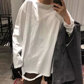 Harajuku Повседневная футболка Уличная одежда Женские топы Футболка с длинным рукавом Модная футболка Kpop Топы в стиле хип-хоп S белый